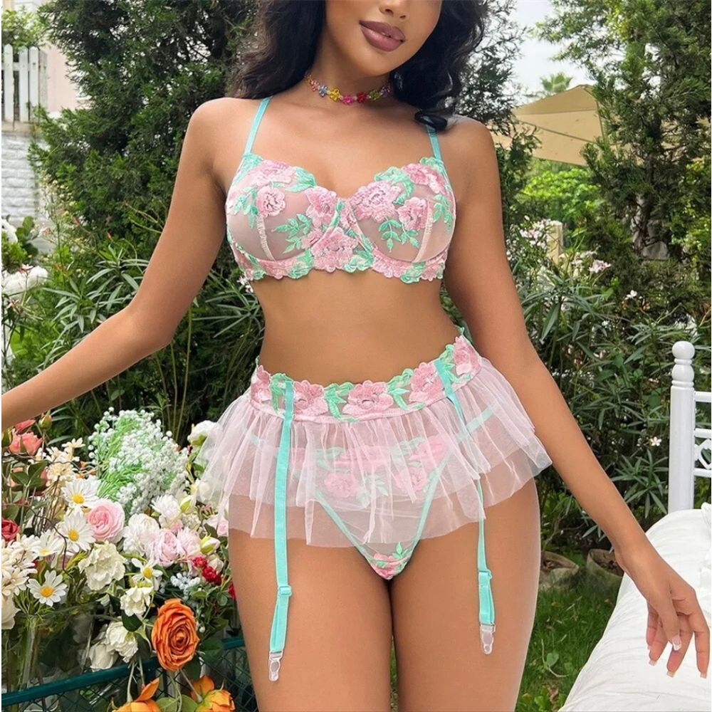 Women's Sexy Lingerie Lace Babydoll Bra and Skirt Garters Sleepwear Nightwear US